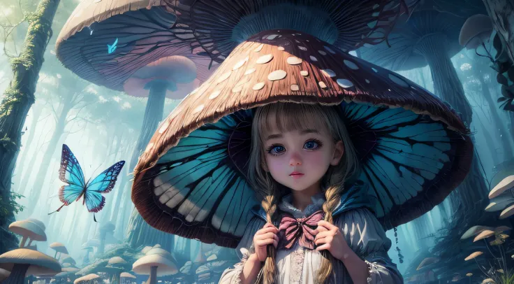 "Magical encounter, closeup young girl exploring, gigantic mushroom, ethereal butterflies, misty wonderland, enchanting details"