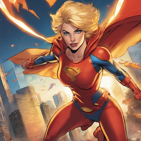 female Omni-Man from Invincible,muscular,short bob-cut blonde hair,(perfect eyes),(masterpiece:1.2),(heroic pose),(wearing cape),(detailed facial features), (sharp focus),vivid colors,studio lighting,(physically-based rendering),superhero,action-packed sce...