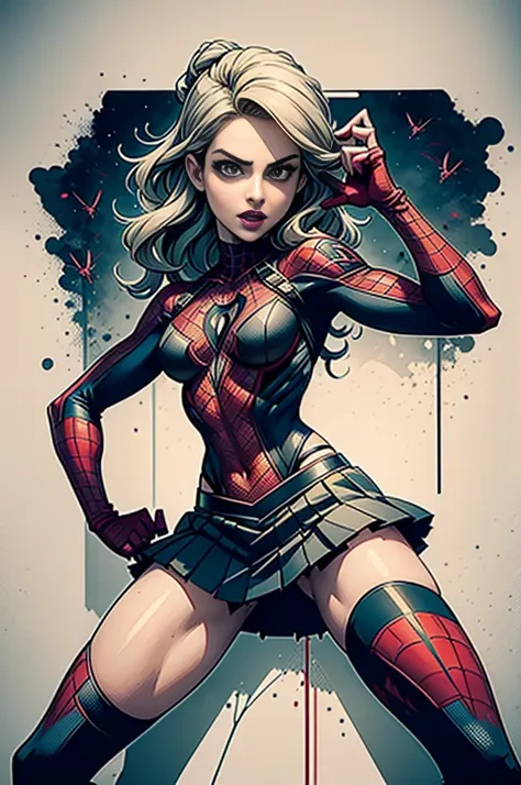 Emily Bett Rickards、Sticking out the navel、newyork、She wears a torn Spider-Man suit,wearing skirt、 Red and black color scheme,Dynamic、​masterpiece、top-quality、ultra-detailliert、ighly detailed、beautiful detailed brilliance、超A high resolution