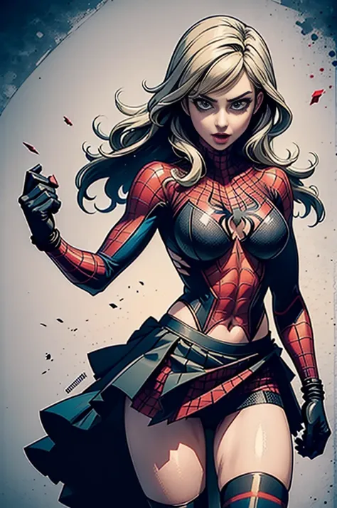 Emily Bett Rickards、Sticking out the navel、newyork、She wears a torn Spider-Man suit,wearing skirt、 Red and black color scheme,Dynamic、​masterpiece、top-quality、ultra-detailliert、ighly detailed、beautiful detailed brilliance、超A high resolution