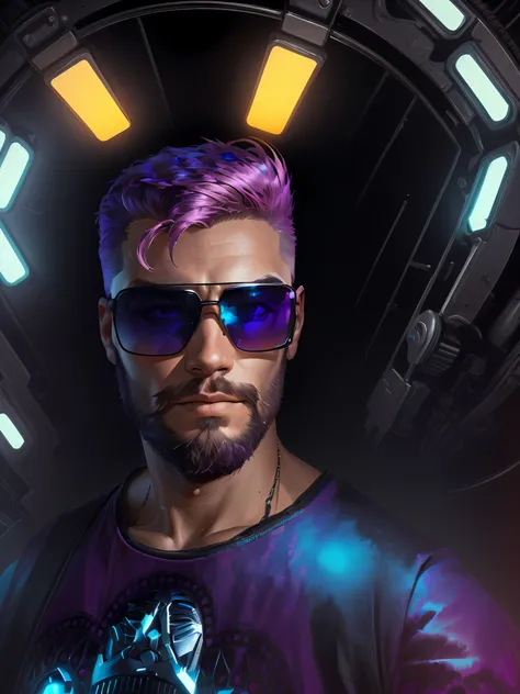 a man with a beard and sunglasses, cyberpunk art, funk art, stunning gradient colors, stylized portrait h 704, pompadour, twitch streamer, cold colors. insanely detailed, t-800, no watermark signature, in rich color, outrun