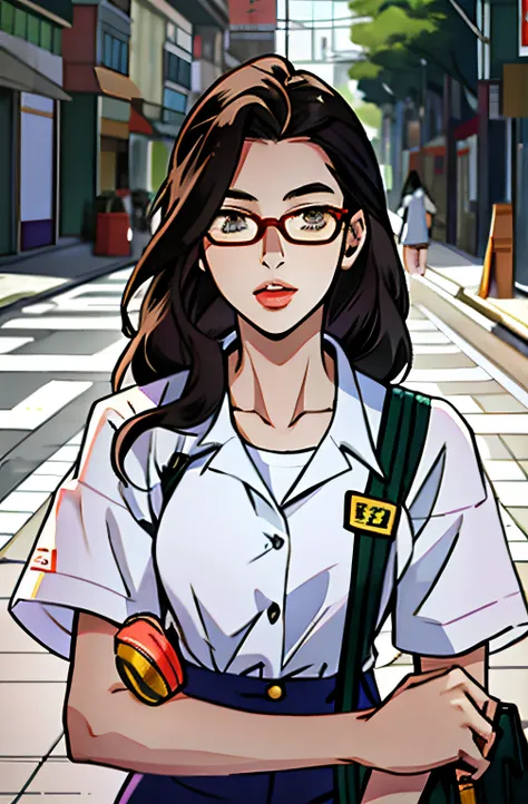 anime girl in glasses and a white shirt standing on a street, urban girl fanart, inspired by Sim Sa-jeong, inspired by Jang Seung-eop, realistic schoolgirl, inspired by Kim Jeong-hui, digital anime illustration, lofi girl, anime moe artstyle, school girl, ...