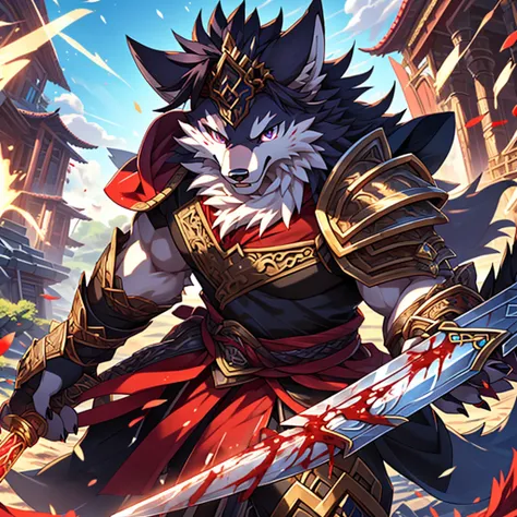 Master masterpieces，Western art，photorealestic，Furry art！！！，male people，musculature，Perfect figure，Higher height，Anthropomorphic wolves，Fluffy hair，Red fur，Black pick dye，White face，Elaborate Eyes，Kims right eye，Purple left eye，Black armor，decorated in whi...