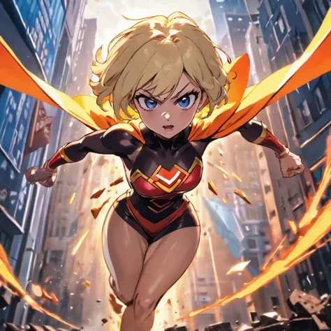 female Omni-Man from Invincible,muscular,short bob-cut blonde hair,(perfect eyes),(masterpiece:1.2),(heroic pose),(wearing cape),(detailed facial features), (sharp focus),vivid colors,studio lighting,(physically-based rendering),superhero,action-packed sce...