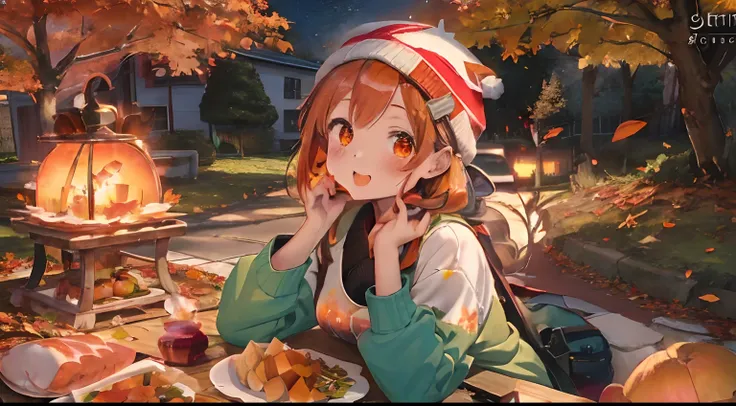 A square full of fallen leaves,Colored leaves,Trees around々The leaves are colored red,Fluffy brown and pale pink mixed hair,Undertwin tail,Knitted caps for the winter,Autumn-ish long-sleeved clothes(brown, white, Blue, orange, Green),Mountain girl style,Ca...