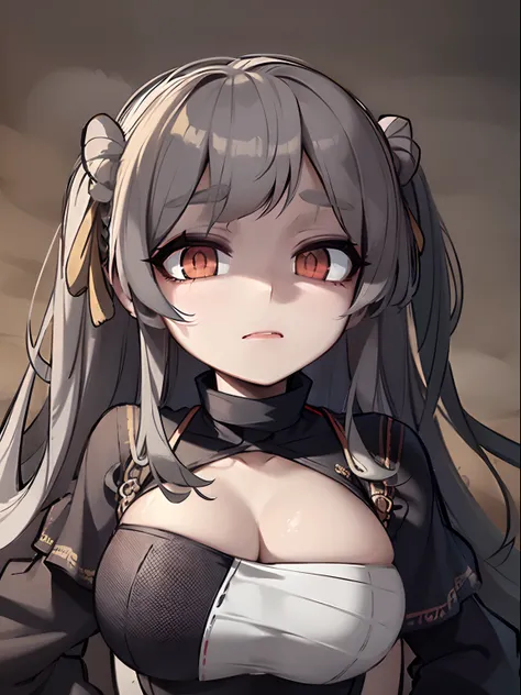 (masterpiece,best quality,ultra-detailed),1girl, large breast, glowing eyes, long hair, beautiful and detailed face, detailed eyes,night,dust particles in the air,((grey theme)),((((dust theme)))),