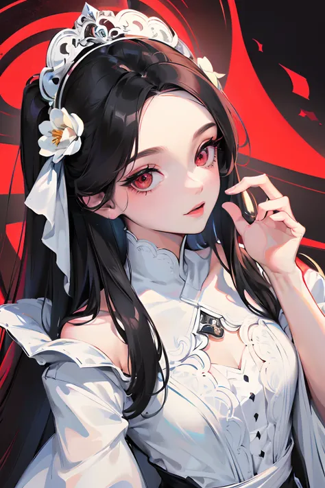 ((tmasterpiece))，(best qualtiy)，(A half body)，looking at away，(ultra intricately detailed)，(Highest Definition)，(8K)，(Clean lines)，(Perfect facial features)，(offcial art)，1little girl，matchless beauty，robe blanche,Long Black Hair,Red Eyes，