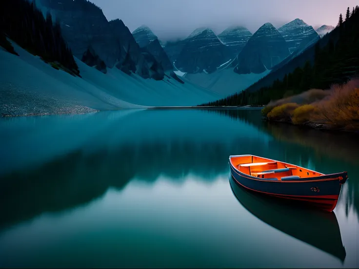 Cinematic Still, long exposure photography of a boat on a lake, in an ethereal mountain landscape, taken by Fujifilm Velvia, lit with tranquil teal and midnight blue lights, by Doug Chinnery