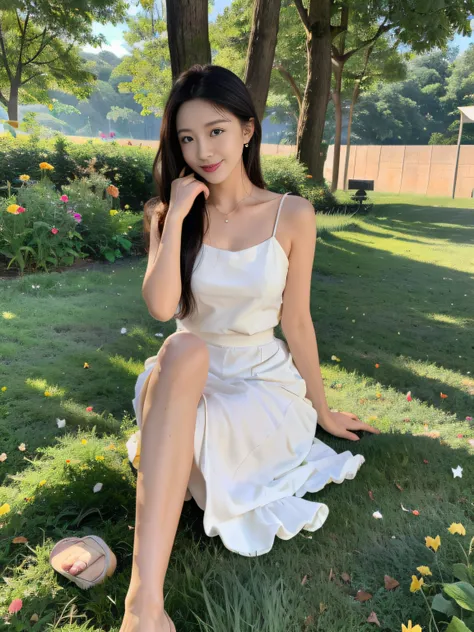 ，masterpiece, best quality，8k, ultra highres，Reallightandshadow，Cinema lenses，(beautidful eyes:1.1)， ((中景 the scene is，The upper part of the body))，dynamicposes，On a green meadow，A gentle goddess came with a gentle step。She wore a white dress，A gentle bree...