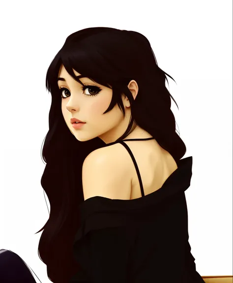 a cartoon of a woman sitting on a bench, halfbody portrait, girl with black hair, half body portrait, 1 7 - year - old anime goth girl, dark - hair, colored sketch, dark-hair, raven black hair, dark hair, she has black hair