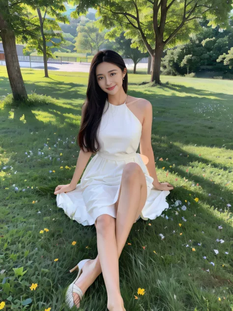 ，masterpiece, best quality，8k, ultra highres，Reallightandshadow，Cinema lenses，(beautidful eyes:1.1)， ((中景 the scene is，The upper part of the body))，dynamicposes，On a green meadow，A gentle goddess came with a gentle step。She wore a white dress，A gentle bree...