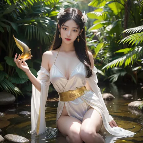 。Fantasy immortal cultivation novel, The girl holding the divine water fish looks exquisite, Expressions contain emotion, Chinese Golden Elements, colours, Translucent, Immortal clothing, There are stripes on the forehead, And there are Chinese beauties in...