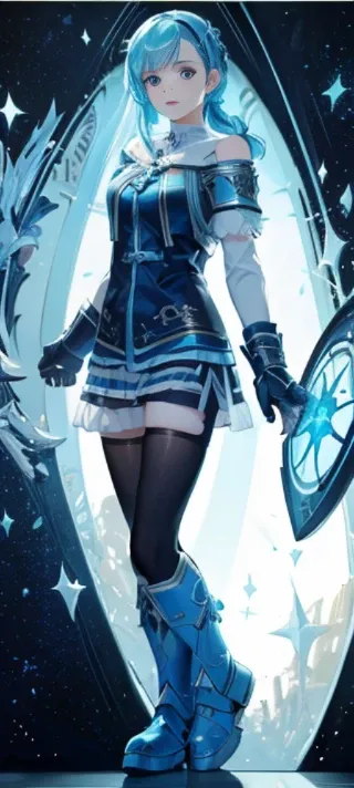 Beautiful paladin girl，Holding a shield，Aqua blue hair，pigtails，Extremely beautiful，High Balance, Natural light, Lace，black in color，starrysky，Star decoration (Masterpiece, Highest quality)，unreal-engine，Standing painting, angle of view,Tulle skirt，ssee-th...