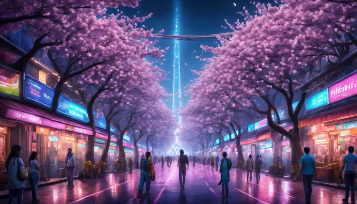 in a vibrant and bustling future delhi, the streets come alive with the luminous glow of bioluminescent cherry blossoms, transpo...