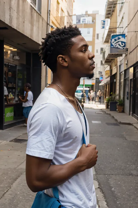 black guy side view drinking a sprite, head tilted, street, very rich blue skies, very, bright light, white t shirt, black cross body bag