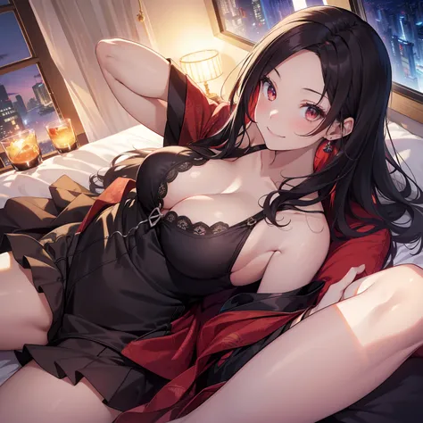 (masutepiece,Best Quality,8K),(extremely detailed CG1.1),teens girl,Smile,large boob,(From below:1.2),Intricate details , Hyper realistic, Perfect Anatomy,A dark-haired,Red Eyes,(((Forehead))),Permed hair with wavy hair,(((length hair))),Hair over one eye,...