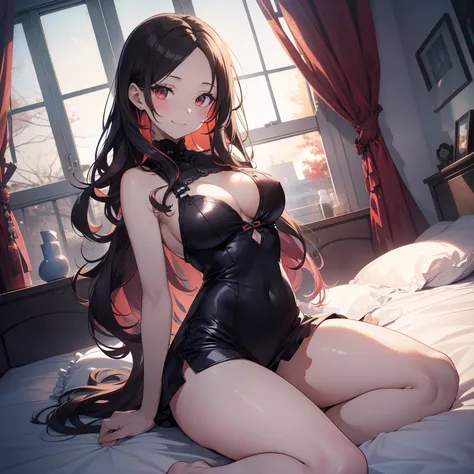 (masutepiece,Best Quality,8K),(extremely detailed CG1.1),teens girl,Smile,large boob,(From below:1.2),Intricate details , Hyper realistic, Perfect Anatomy,A dark-haired,Red Eyes,(((Forehead))),Permed hair with wavy hair,(((length hair))),Hair over one eye,...