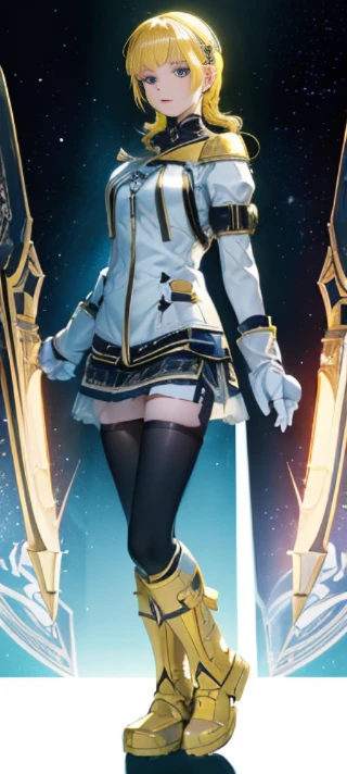 Beautiful paladin girl，Holding a shield，Yellow-haired，pigtails，Extremely beautiful，High Balance, Natural light, Lace，black in color，starrysky，Star decoration (Masterpiece, Highest quality)，unreal-engine，Standing painting, angle of view,Tulle skirt，ssee-thr...