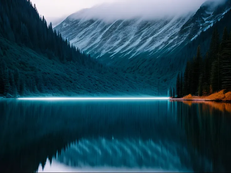 Cinematic Still, long exposure photography of a boat on a lake, in an ethereal mountain landscape, taken by Fujifilm Velvia, lit with tranquil teal and midnight blue lights, by Doug Chinnery