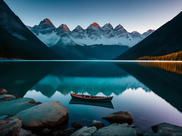 Cinematic Still, long exposure photography of a boat on a lake, in an ethereal mountain landscape, taken by Fujifilm Velvia, lit with tranquil teal and midnight blue lights, by Doug Chinnery