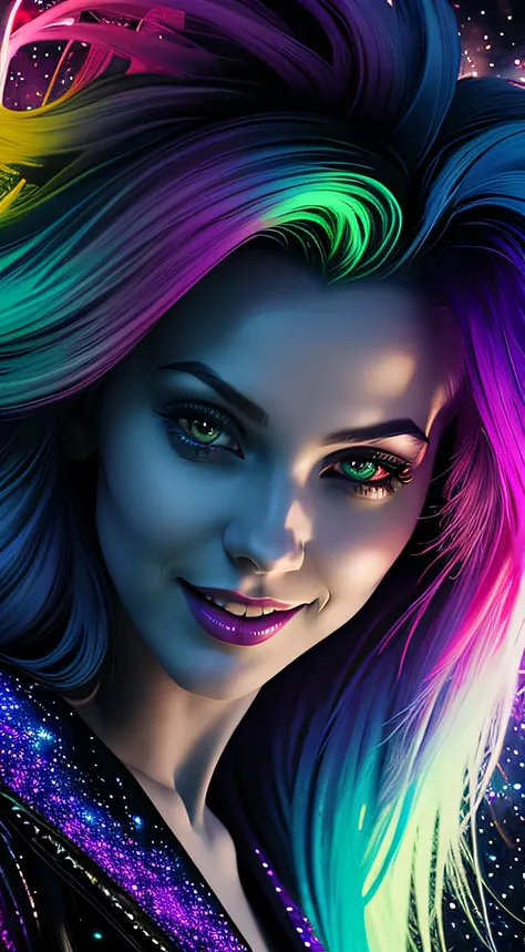 Noir painting of a stunning woman with vibrant neon hair made of light, glowing in the midst of galaxy formations in dark space, beautiful woman, sophisticated smiling woman, looking at viewer, dark fantasy, detailed and realistic textures, vibrant colors,...