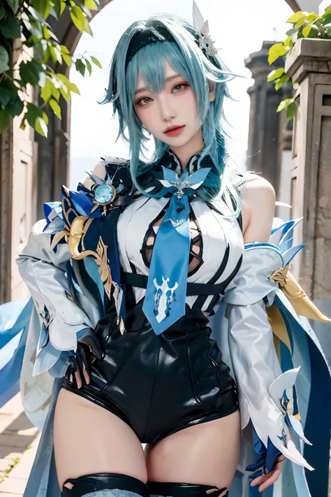 Beauty of a goddess, slim face, beautiful wan, 1girl, solo, (masterpiece:1.2), best quality, eula, genshin, high detailed, 8K resolution, looking at viewers, eula from genshin impact, outdoor, hairband, blue hair, necktie, cape, vision (genshin impact), le...