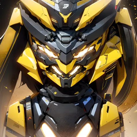 character chart，close-up；[ Amazing | astounding | delicated ]Transformers丨Bumblebee，head portrait，glowing light eyes。Yellow and black color scheme；Bust，Left-right symmetrical composition，The front of the main body is centered；Mechanical background（Machinar...