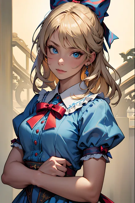 1girll, Masterpiece, Best quality, 8K, Detailed skin texture, Detailed cloth texture, Beautiful detailed face, Intricate details, Ultra detailed, alice in the wonderland, (A bow on the head:1.1), Upper body