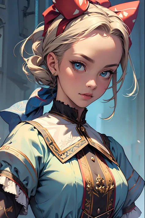 1girll, Masterpiece, Best quality, 8K, Detailed skin texture, Detailed cloth texture, Beautiful detailed face, Intricate details, Ultra detailed, alice in the wonderland, (A bow on the head:1.1), Upper body