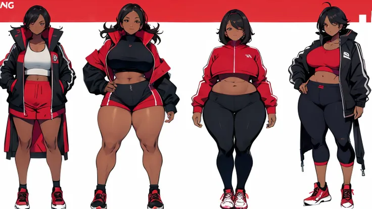 clothing design sheet. black woman. plus size urban gym outfits. baggy crop top. short open jacket. red colors