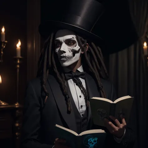 A male lightskinned voodooist with skull makeup on and short dreadlocks and a top hat reading spells in a dark room.