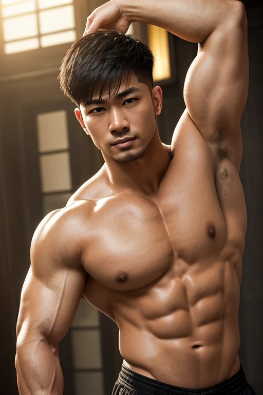 disconsolate，Ambient，artistic conception，large scene，Hands tied behind his back，Strong arm muscles，Handsome Asian stubble handsome，diffuse light，beefy pectorals，Shirtless, stubbles, Sideburns, strong muscle, Strong handsome guy，body builder，Junyi，Dignified...