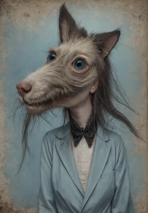 Un primer plano de una chica muy triste con el pelo largo (rubio) And the big blue eyes showing huge ((pechos)), Anton Semenov, Mark Ryden muy detallado, Estilo Mark Ryden, Mark Ryden en el estilo de, Estilo de Mark Ryden, inspirado por Mark Ryden, Naoto H...