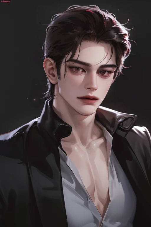 photography of a sexy man, a solo man, (((man))), ((masculine face)), 30 years old, vampire, bad boy, handsome, realistic, (red eyes), expressive look, black hair, long bangs, rose pale lips, (((dark background))), (((city backgtound))), shine hair, angula...