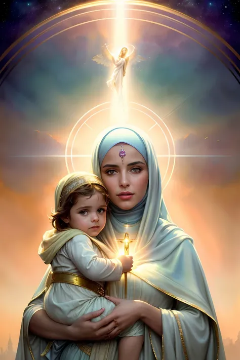 (8k, best quality, masterpiece:1.2),(best quality:1.0), (ultra highres:1.0), watercolour,  persian woman in hijab and child, holy virgin mary with little boy in her arms, ((halo over head)), smiling, heavenly sky, half body, ((divine light)), ethereal, clo...