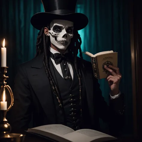 A male lightskinned voodooist with skull makeup on and short dreadlocks and a top hat reading spells in a dark room.