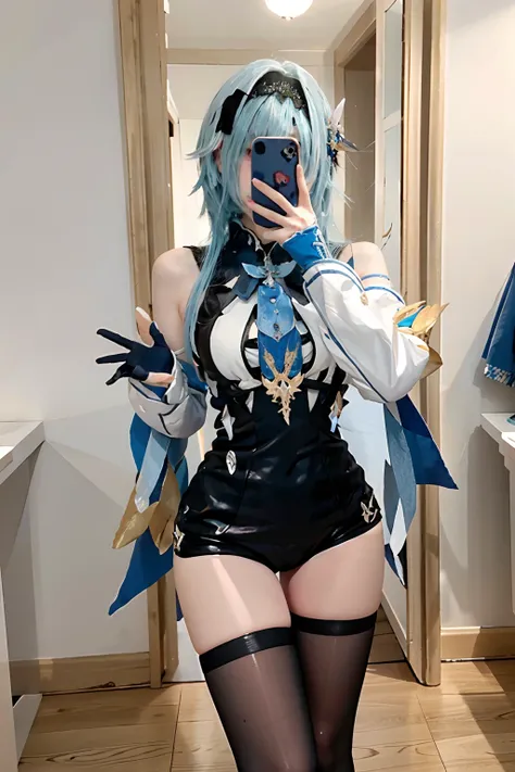 Beauty of a goddess, slender figure, beautiful woman, 1girl, solo, (masterpiece:1.2), best quality, eula, genshin, ultra high detailed, 8K resolution, ((holding phone to cover face, mirror selfie)), eula from genshin impact, indoor, blue hair, hair ornamen...