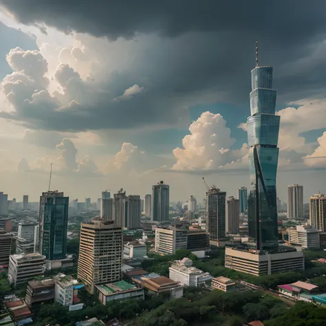 Bangkok city from Thailand half-buried in the jungle. Some buildings are partially destroyed. A lost civilization. 8K image quality.The sky was gloomy and cloudy.