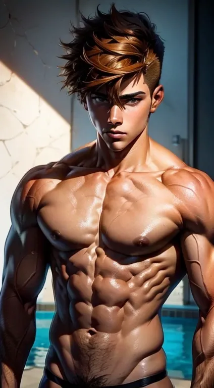 bowl hairstyle 16 years old boy muscular body like bodybuilder naked,thong