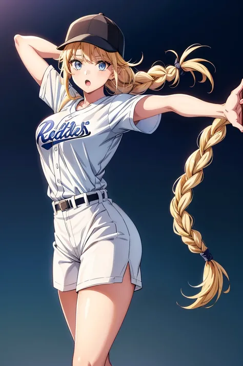 a sexy girl is shown in a baseball uniform standing on a cliff, 1girl, solo, braid, long hair, blue eyes, blonde hair, shorts, hat, baseball uniform, baseball cap, breasts, sportswear, open mouth, thighs, shirt tucked in, white background, looking at viewe...