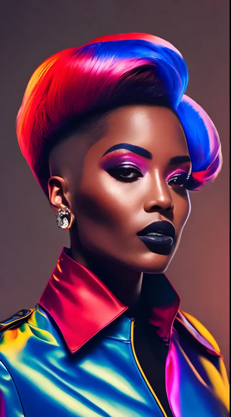 an AFRICAN woman a pair of glasses, Tapered hair, well cut, well shaved on the sides and back, style, a crazy piece in the 90s piece, brincos, Colorful Trackextura latex jacket, glamour da cor do retrato, retrato colorido detalhado, retrato de alta qualida...