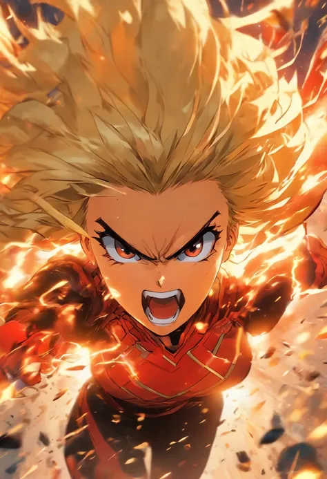 Female super hero with blonde bob cut, going insane, angry, going berserk, muscular