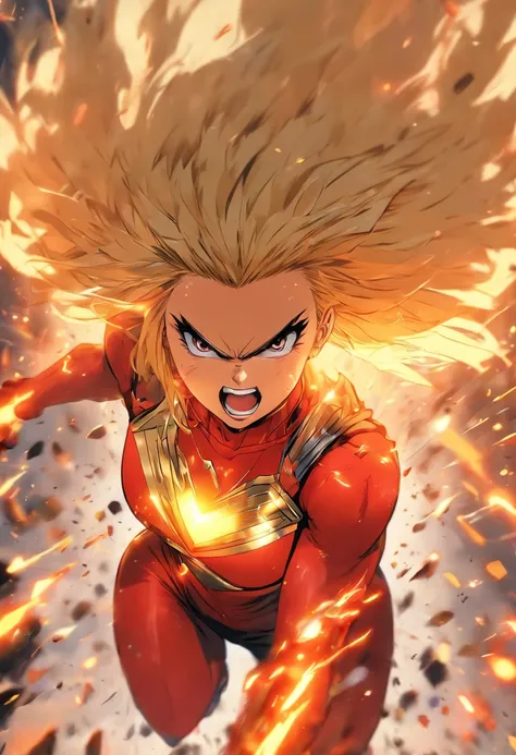 Female super hero with blonde bob cut, going insane, angry, going berserk, muscular