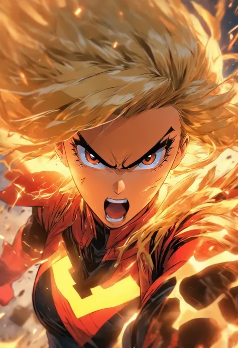 Female super hero with blonde bob cut, going insane, angry, going berserk, muscular