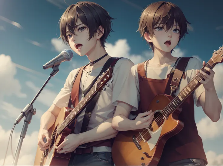 Playing the guitar、These are two young people singing into a microphone, plays the guitar, kawacy, guitarrist, artwork in the style of guweiz, high detailed official artwork, biting lip, official artwork, anime moe art style, Smooth Anime CG Art, High qual...