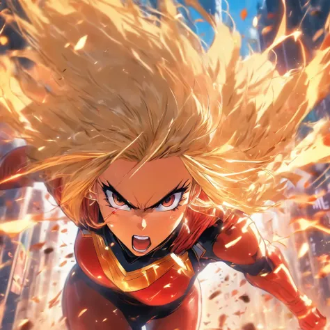 Female super hero with blonde bob cut, going insane, angry, going berserk, muscular