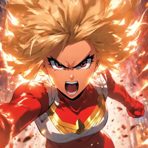 Female super hero with blonde bob cut, going insane, angry, going berserk, muscular, wearing white and red outfit