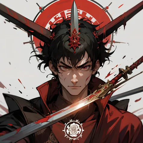 Sit up　Scars on the face　Chinese style　Man in a sword and a red robe, berserk art style, portrait of guts from berserk　Weapon Mandala