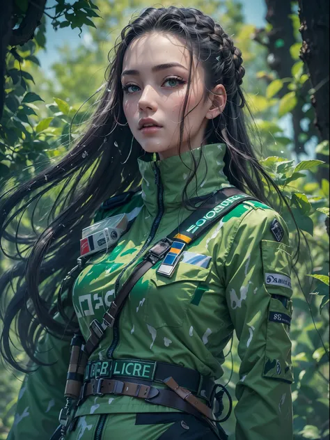 ((best quality)) , ((masterpiece)) , (detailed) , detailed, Rule of Thirds, over the shoulder shot of a Hideous Shimmering petite [Futuristic|Folk] (Female Paramedic:1.3) , covered in Green paint, dripping paint, her hair is Qin Dynasty and styled as Fisht...