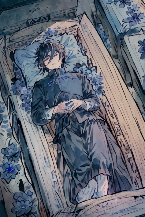 best quality, masterpiece, sketch, traditional media, Pencil drawing, drawing, Drawing boards, sketches, ((((1 male, 1 boy, solo, coffin, laying inside coffin filled with blue flowers, flowers, blue flowers, peaceful, boy sleeping, long black hair, blue ey...